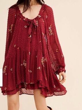 Free People Burgundy Floral Swiss Dot Mini Dress